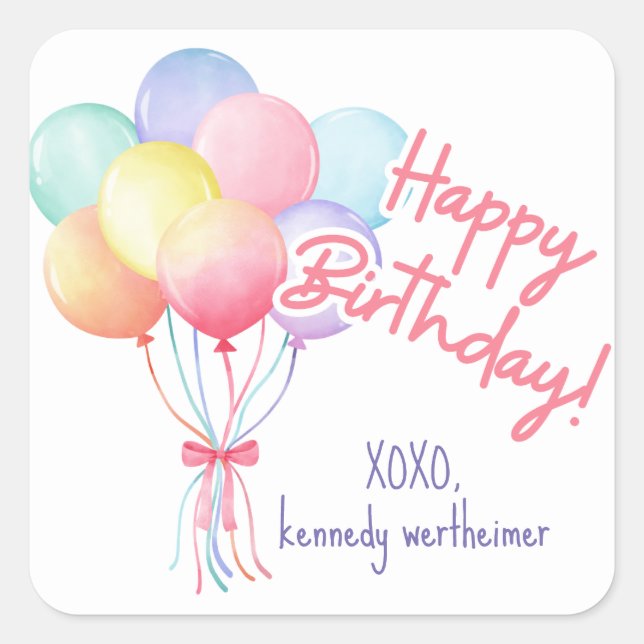 Adesivo Quadrado Vinheta dos Balões de Aniversário do Pastel (Frente)