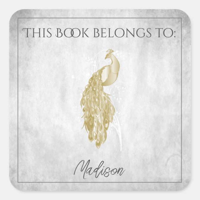 Adesivo Quadrado Vinheta Dourada Elegante de Pavão (Frente)