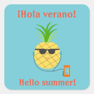Adesivo Quadrado Vinheta espanhola "Hello Summer" com abacaxi