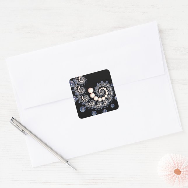 Adesivo Quadrado Vinheta espiral de pérolas de marfim e azul (Envelope)