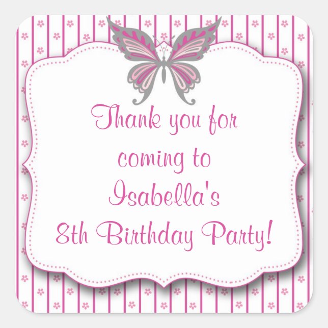 Adesivo Quadrado Vinheta-Favor da Festa de aniversário da Borboleta (Frente)