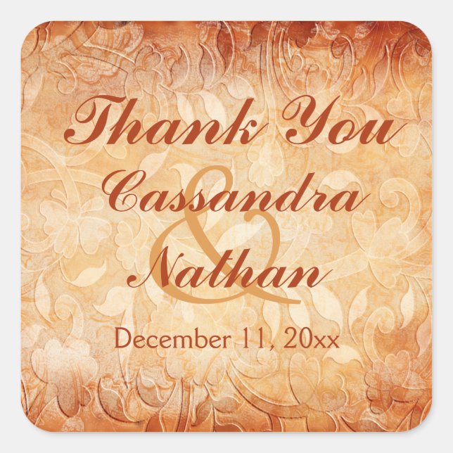 Adesivo Quadrado Vinheta-Favor de Casamento Floral de Laranja e Mar (Frente)