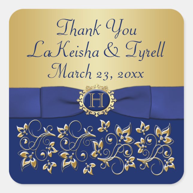Adesivo Quadrado Vinheta-Favor de Casamento Floral Dourado, Azul Mo (Frente)