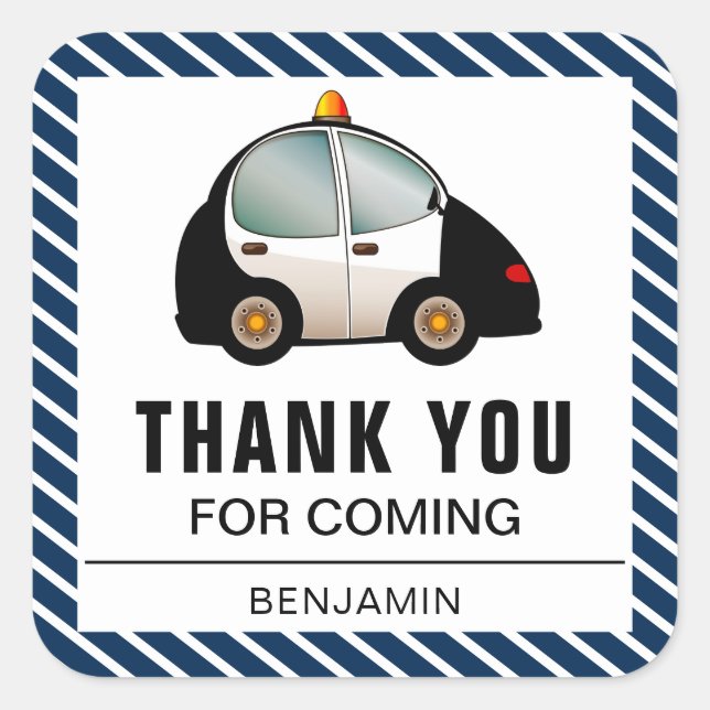 Adesivo Quadrado Vinheta Festa de aniversário de carro da polícia (Frente)