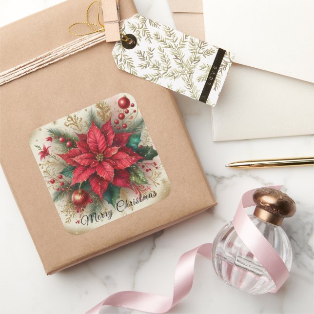 Adesivo Quadrado Vinheta Flor de Poinsettia Vermelha Natal (Presentear)