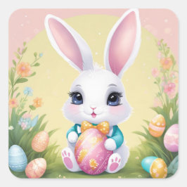 Adesivo Quadrado Vinheta Floral de Coelho Cozinhado de Páscoa em Co