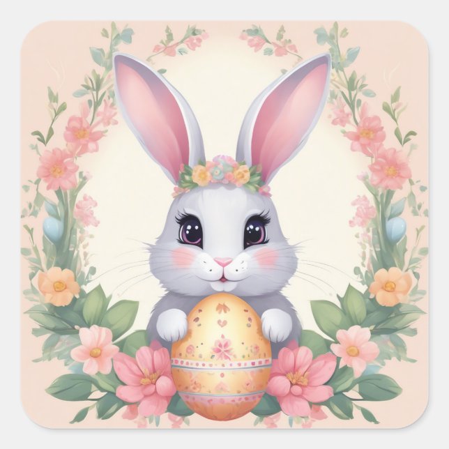 Adesivo Quadrado Vinheta Floral de Coelho Cozinhado de Páscoa em Co (Frente)