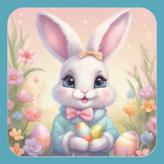 Adesivo Quadrado Vinheta Floral de Coelho Cozinhado de Páscoa em Co (Criador carregado)