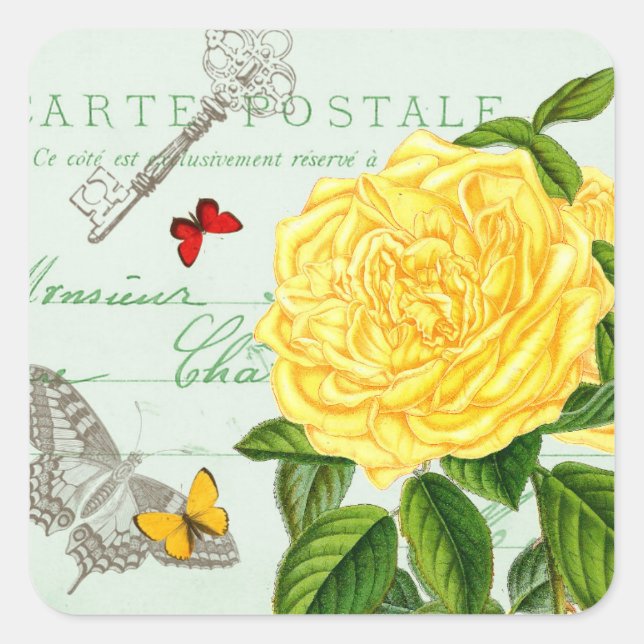 Adesivo Quadrado vinheta floral francesa com rosa bonito (Frente)