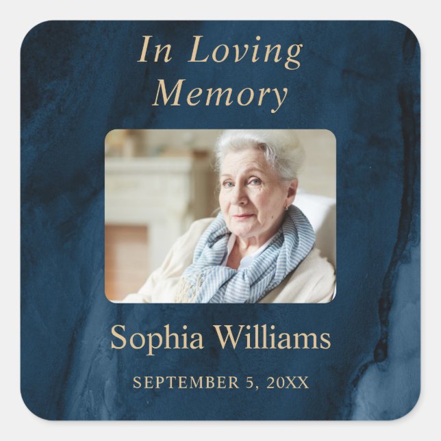 Adesivo Quadrado Vinheta Funeral do Memorial Azul e Dourada (Frente)