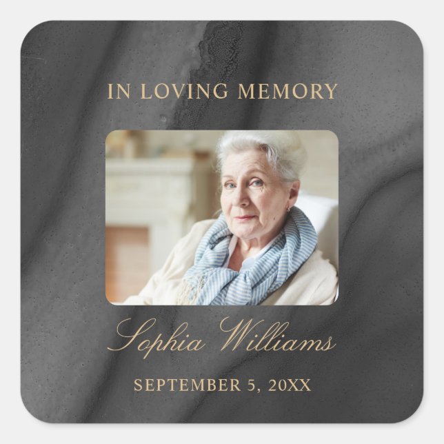 Adesivo Quadrado Vinheta Funeral do Memorial Negro e Dourado (Frente)