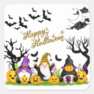 Adesivo Quadrado Vinheta Halloween | Feliz Dia das Bruxas | Gnomos