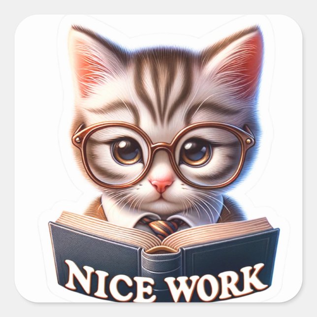 Adesivo Quadrado Vinheta MultiAssunto do Kitten 'Nice Work' (Frente)