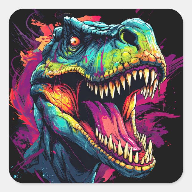 Adesivo Quadrado Vinheta NEON DINOSAUR com cores brilhantes e vibra (Frente)