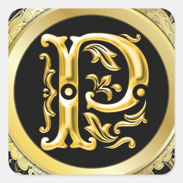 Adesivo Quadrado Vinheta P Quadrada Inicial em Dourado (Frente)