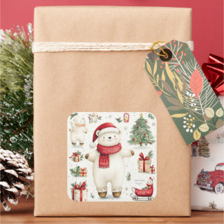 Adesivo Quadrado Vinheta Papai noel de urso branco