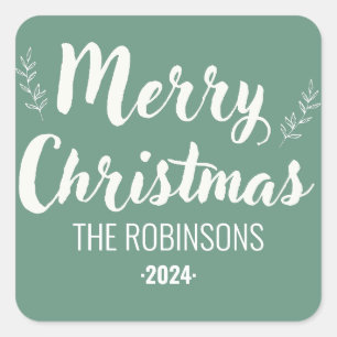 Adesivo Quadrado Vinheta Personalizada de Natal Verde com Script Mo