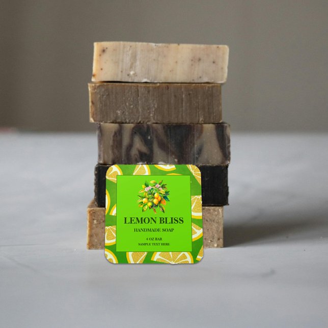 Adesivo Quadrado Vinheta Personalizada de Sabão de Limão Feita à Mã (Criador carregado)