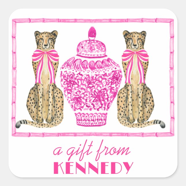 Adesivo Quadrado Vinheta-presente de Cheetah Chinoserie Rosa Quente (Frente)