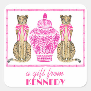 Adesivo Quadrado Vinheta-presente de Cheetah Chinoserie Rosa Quente