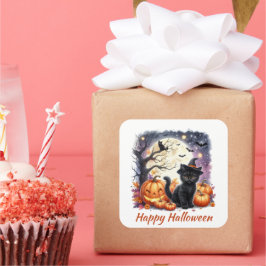 Adesivo Quadrado Vinheta Preta de Kitten Halloween