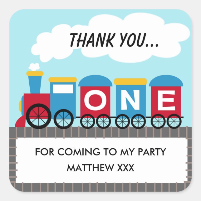 Adesivo Quadrado Vinheta primeiro aniversario do comboio para rapaz (Frente)