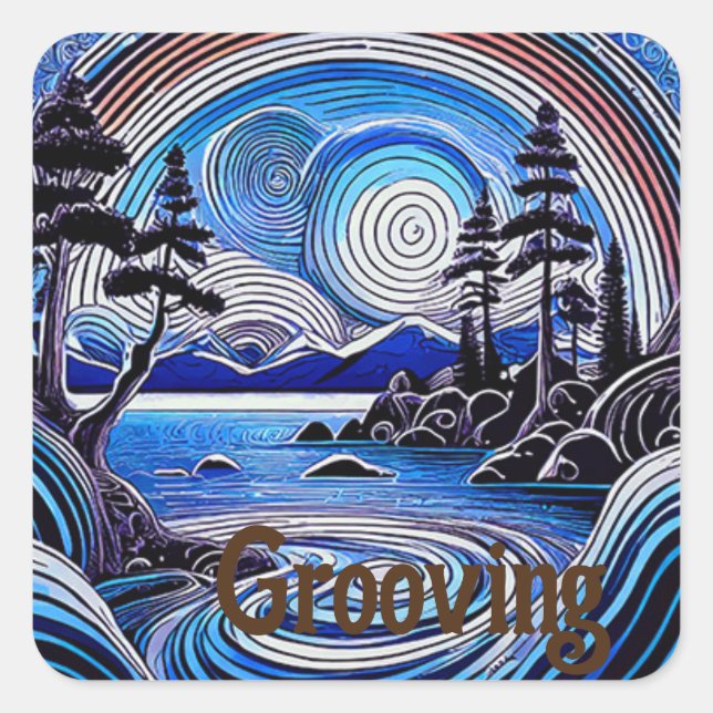 Adesivo Quadrado Vinheta Psychedelic Lake Mountain (Frente)