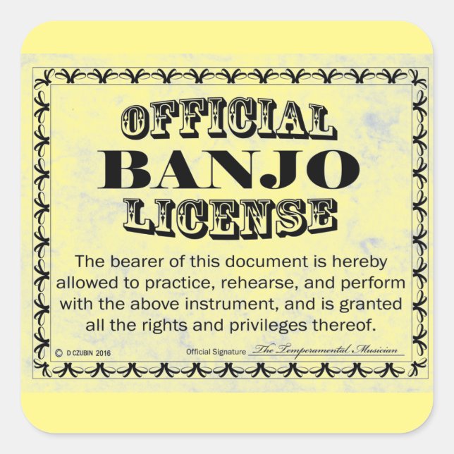 Adesivo Quadrado Vinheta Quadrada de Licença de Banjo (Frente)