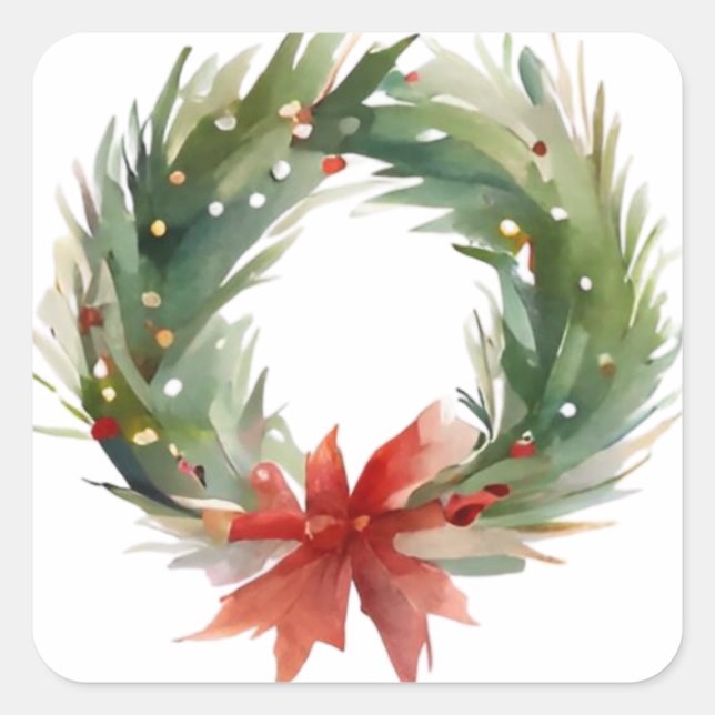 Adesivo Quadrado Vinheta Quadrada de Wreath de Natal com Aquarela (Frente)