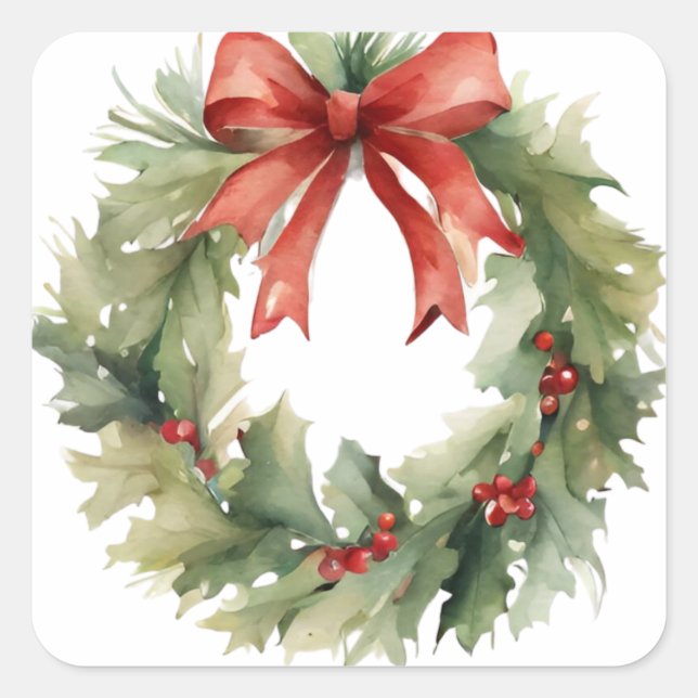 Adesivo Quadrado Vinheta Quadrada de Wreath de Natal com Aquarela (Frente)