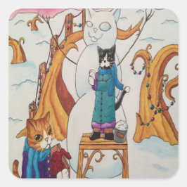 Adesivo Quadrado Vinheta Retangular de Gatos da Manhã de Natal