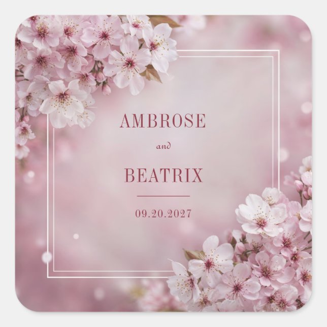 Adesivo Quadrado Vinheta Romântica de Casamento do Flor Sakura (Frente)