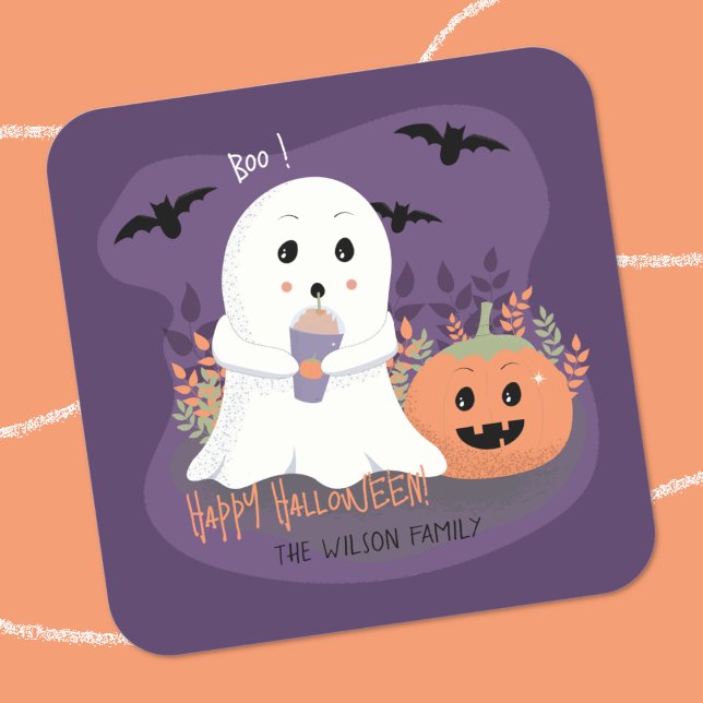 Adesivo Quadrado Vinheta Roxo do Fantasma do Fantasma (Cute ghost purple Halloween sticker .
)