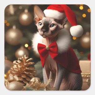 Adesivo Quadrado Vinheta Santa Hat de Natal de Gato Esfingx Fofo Pe