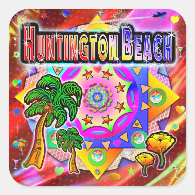 Adesivo Quadrado Vinheta Tropical de Huntington Beach (Frente)