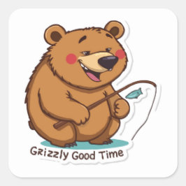 Adesivo Quadrado Vinheta-Urso-Grizzle - Bom Tempo Para Pescar Ao Ar