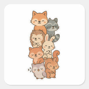 Adesivo Quadrado Vinheta-Vedante de Pilha Animal da Floresta Kawaii