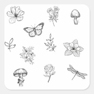 Adesivo Quadrado Vinhetas de algodão- cogumelo, flor, borboleta