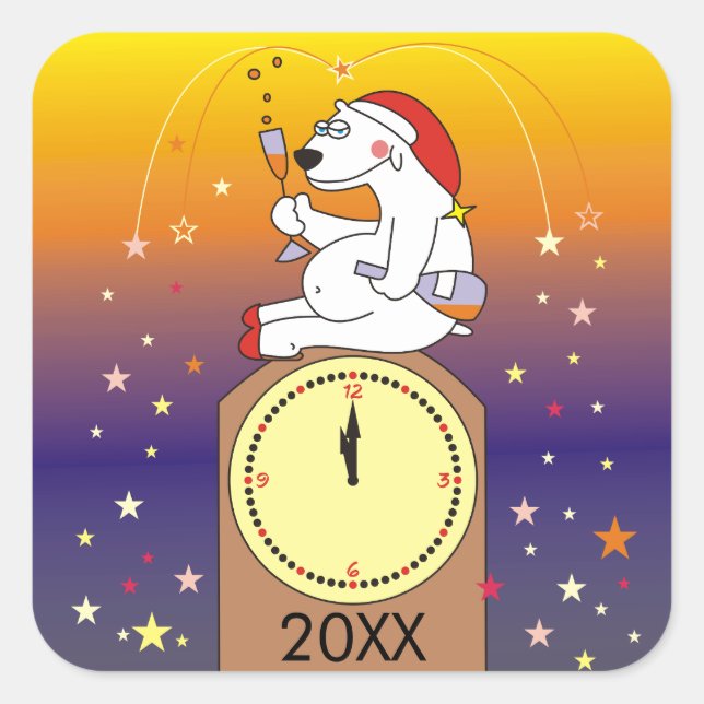 Adesivo Quadrado Vinhetas de Ano Novo do Urso Polar bebendo (Frente)