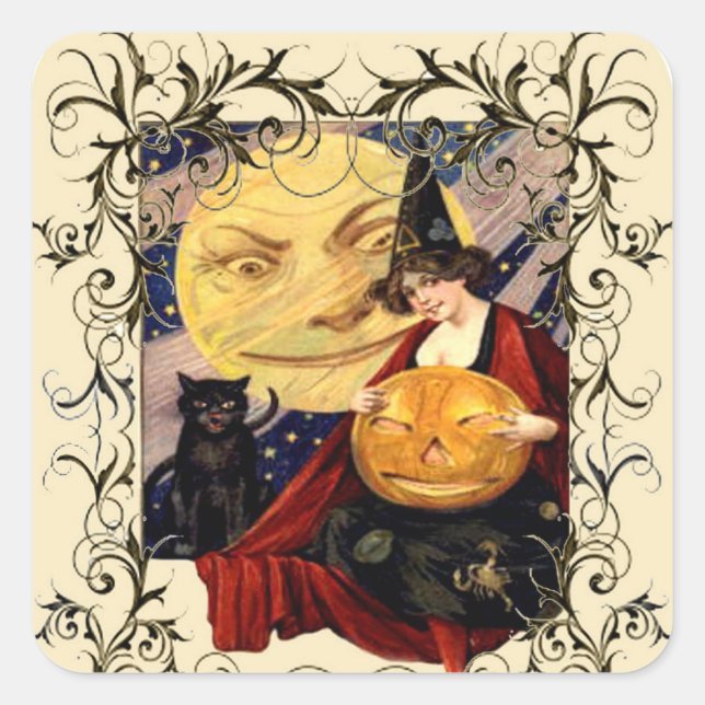 Adesivo Quadrado Vinhetas de bruxa e gata preta (Frente)