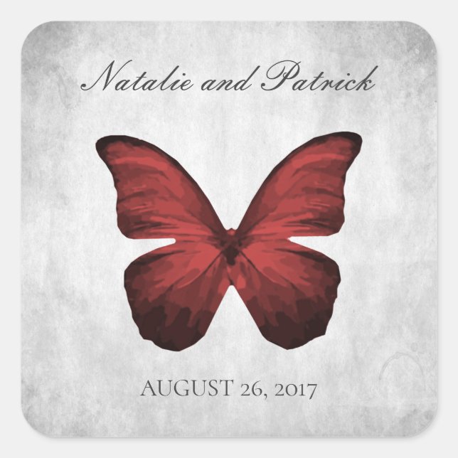 Adesivo Quadrado Vinhetas de Casamento de Borboleta Vermelha (Frente)