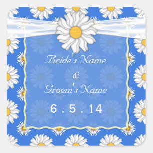 Adesivo Quadrado Vinhetas de Casamento de Margarida Branca e Azul