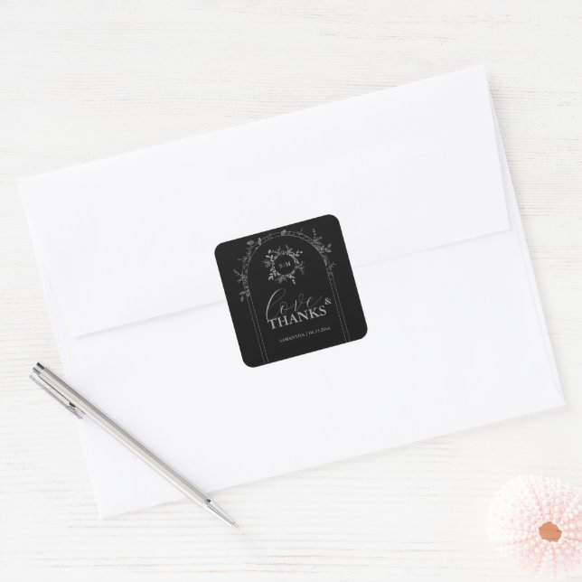 Adesivo Quadrado Vinhetas de Casamento Elegante Preto de Luxo (Envelope)