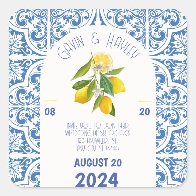 Adesivo Quadrado Vinhetas de Casamento Portugal - Azulejos Azuis e  (Frente)
