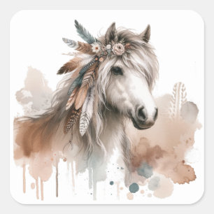 Adesivo Quadrado Vinhetas de cavalos de aquarela