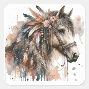 Adesivo Quadrado Vinhetas de cavalos de aquarela