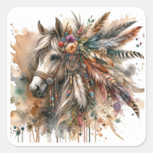 Adesivo Quadrado Vinhetas de cavalos de aquarela
