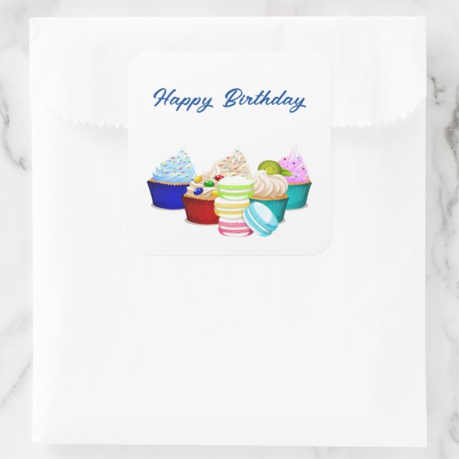 Adesivo Quadrado Vinhetas de Cupcake de aniversário (Bolsa)