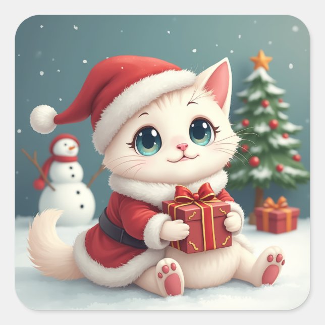 Adesivo Quadrado Vinhetas de Gato de Natal Branco (Frente)