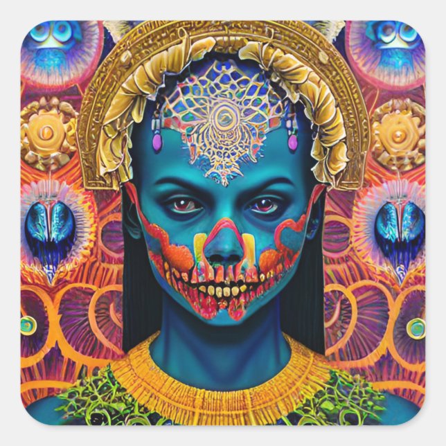 Adesivo Quadrado Vinhetas de Halloween com pintura de rosto assusta (Frente)